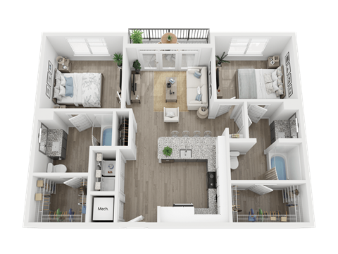 2 bed 2 bath B1.1 Floor Plan at Link Apartments® 4th Street, North Carolina